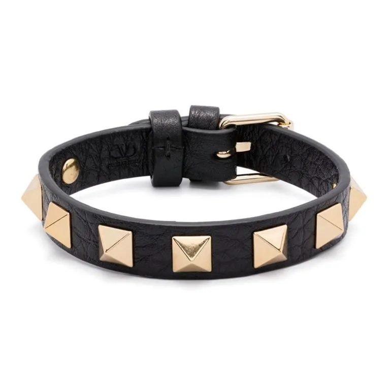 Valentino Brass, Gold Plated, Calfskin Bracelets Unisex Black-0