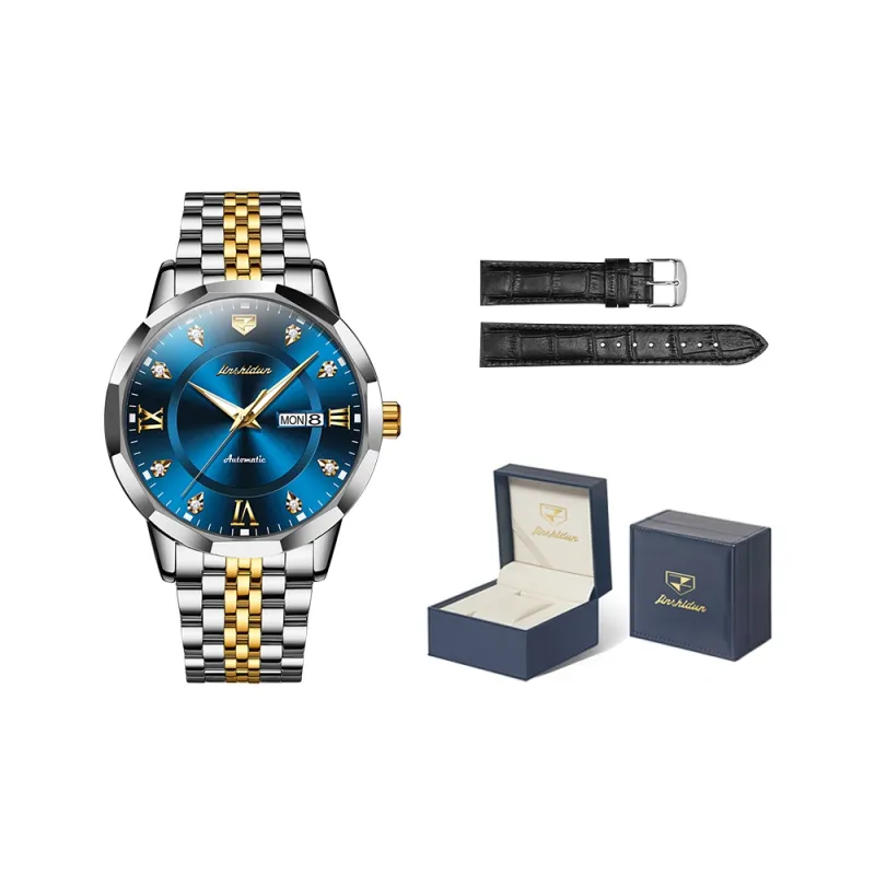 Jin Shi Dun Diamond Box Mechanical Movement Stainless Steel Watchband Watch Men's Watches White Dial-9
