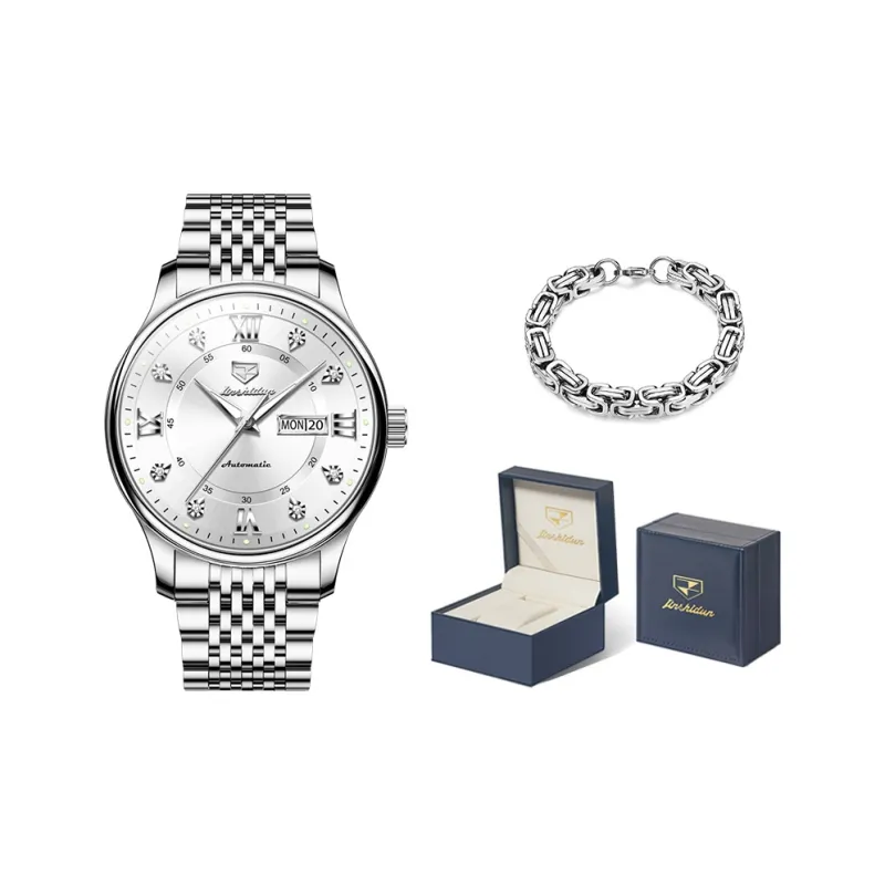 Jin Shi Dun Automatic Mechanical Movement Stainless Steel Watchband Watch Men's Watches White Dial-0