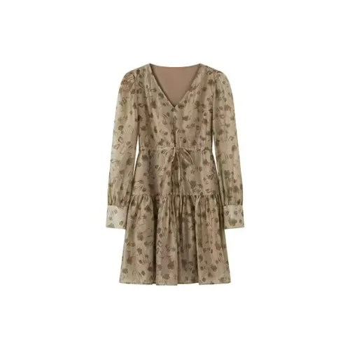 PLAY BUSH Long Sleeved Dresses Women's Beige Brown