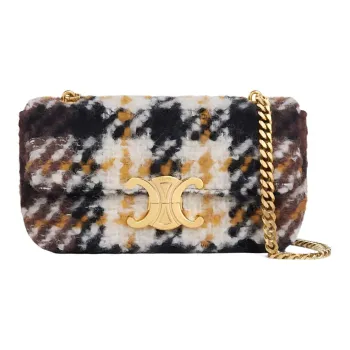 CELINE Triomphe Plaid Wool Fabric Crossbody Bag, Shoulder Bag Trumpets Women's Yellow/Brown