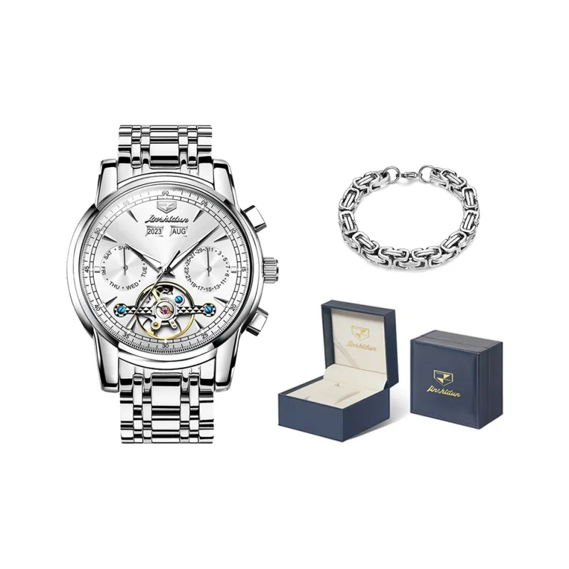 Jin Shi Dun Mechanical Movement Stainless Steel Watchband Watch Men's Watches White Dial-3
