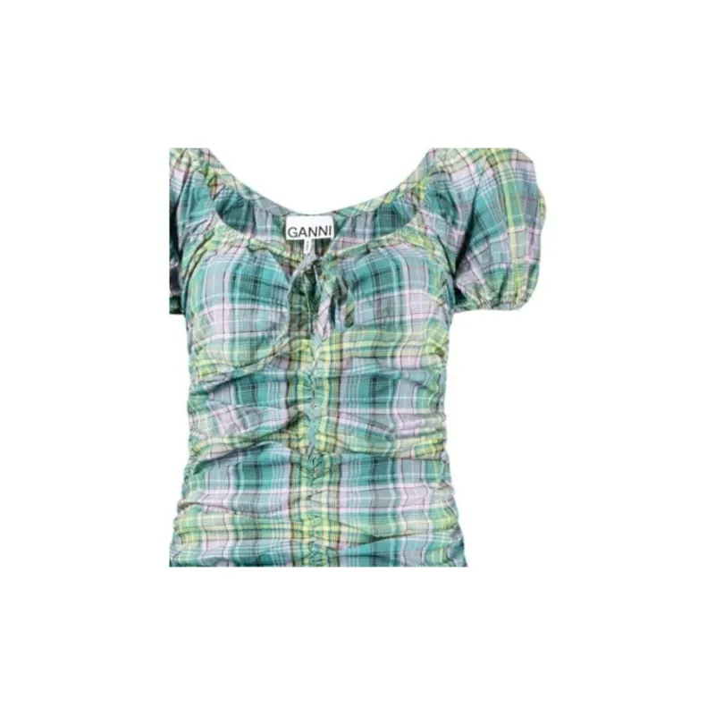 GANNI Checked Seersucker Midi Dress-4