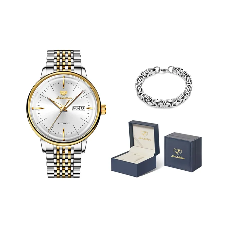 Jin Shi Dun Mechanical Movement Stainless Steel Watchband Watch Men's Watches White Dial-4