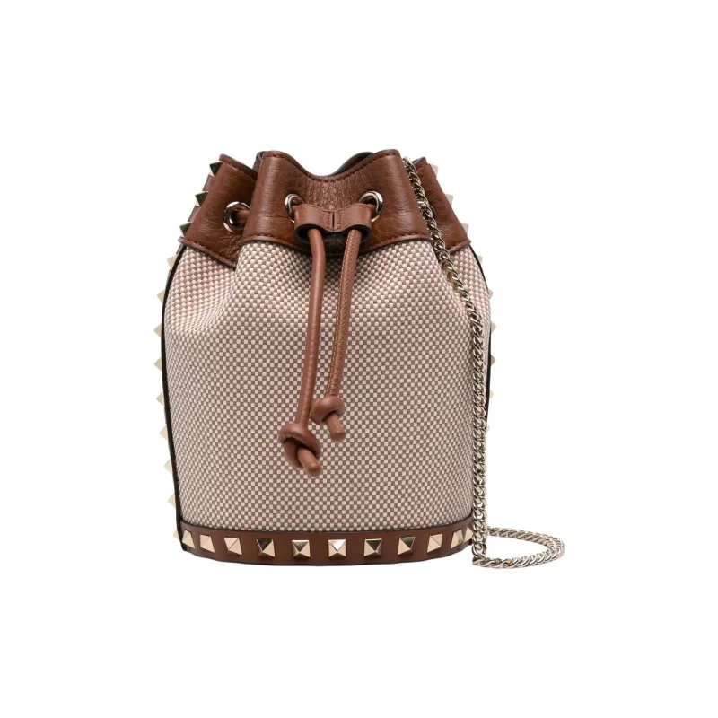 Valentino ROCKSTUD Fabric Bucket Bag Crossbody Bag Women's Chestnut Brown-0