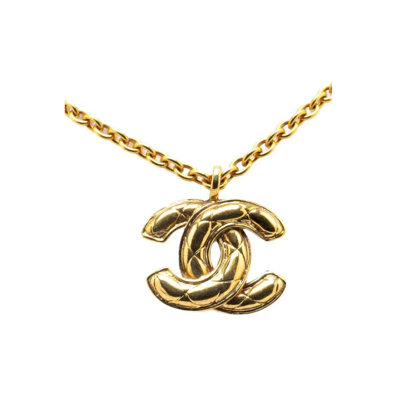 CHANEL 1970 1980 Plated Cc Quilted Pendant Necklace Costume Necklace-0