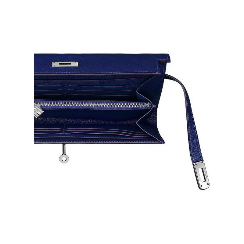HERMES Mysore Goat Skin Wallet Women's M3 Bleu Encre Ink Blue-3