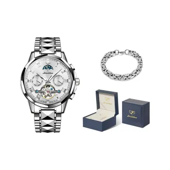 Jin Shi Dun Mechanical Movement Stainless Steel Watchband Watch Men's Watches White Dial