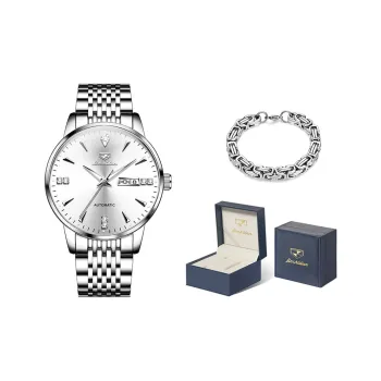 Jin Shi Dun Men's Watch Box Mechanical Movement Stainless Steel Watchband Watch Men's Watches White Dial