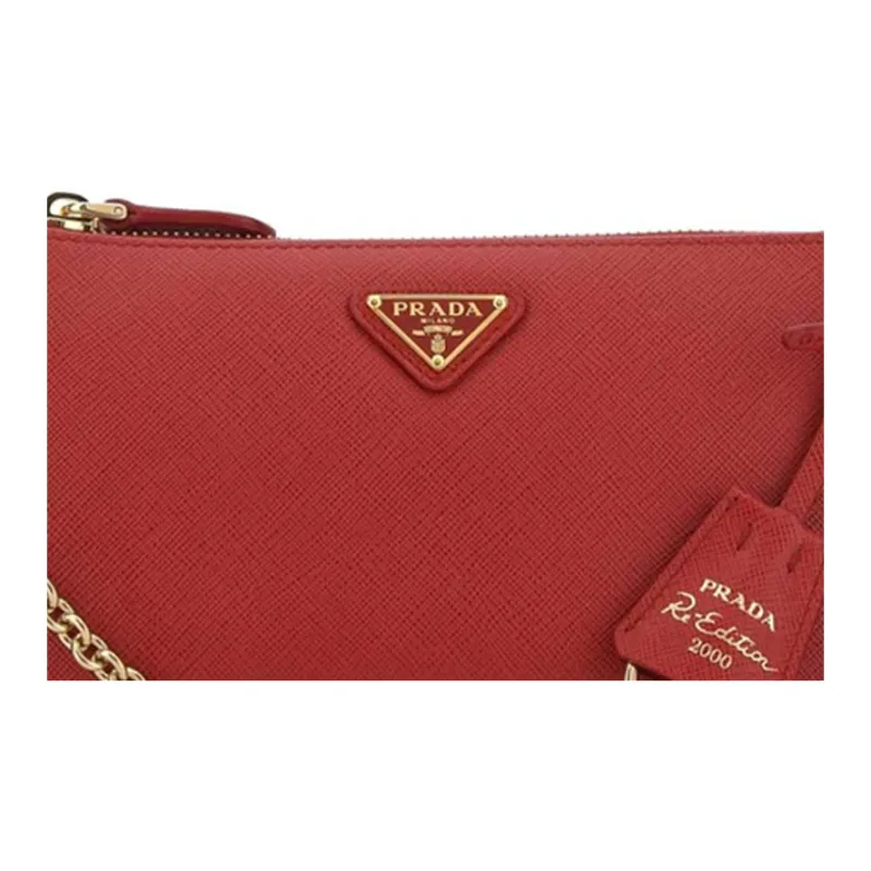 PRADA Re Edition Leather Shoulder Bag, Crossbody Bag Unisex Red-3