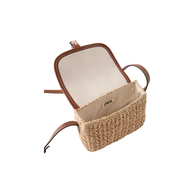 ZARA Raffia Fiber Crossbody Bag Women's Light Beige Yellow-4