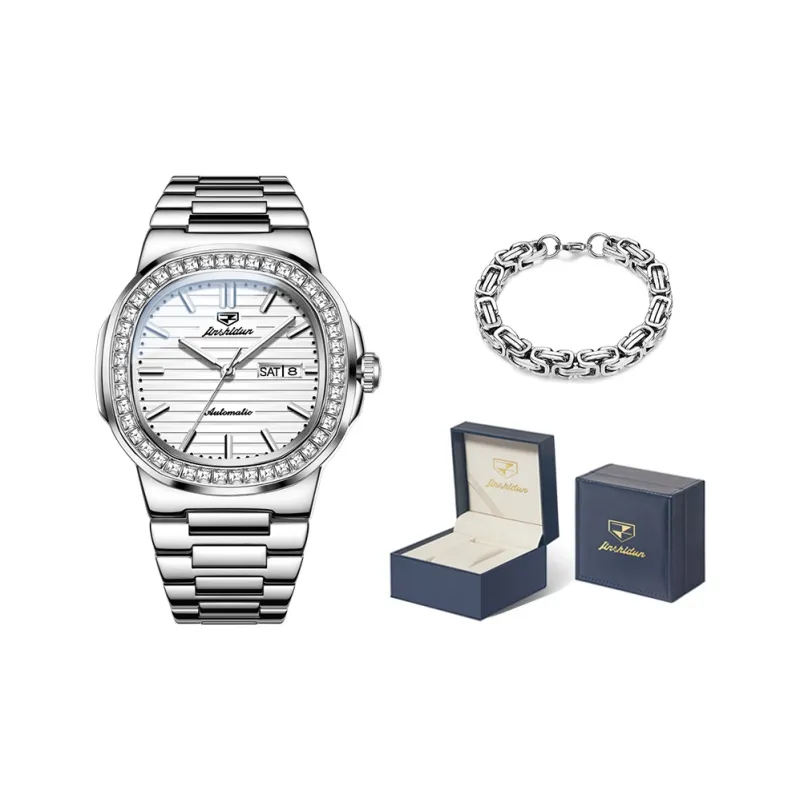 Jin Shi Dun Mechanical Movement Stainless Steel Watchband Watch Men's Watches White Dial-0