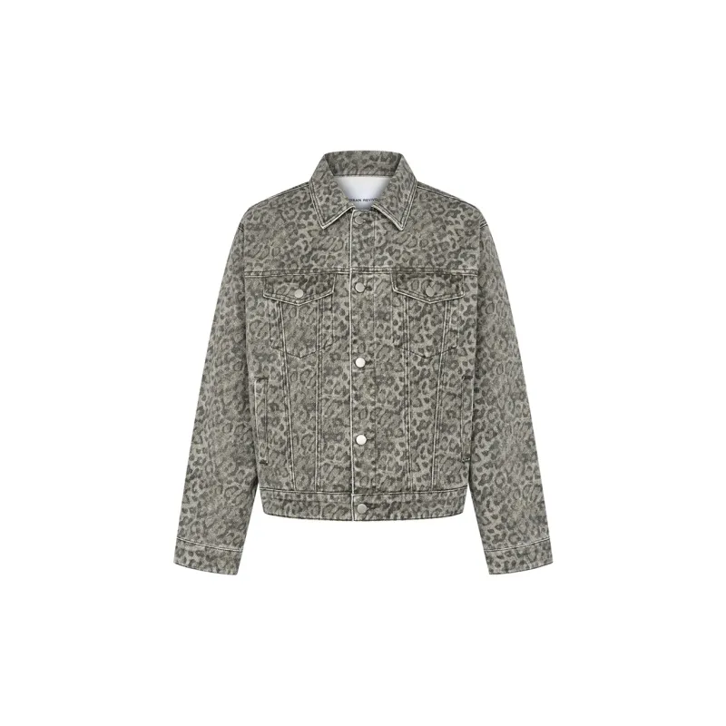 URBAN REVIVO Denim Jacket Men's Gray Green Print-0