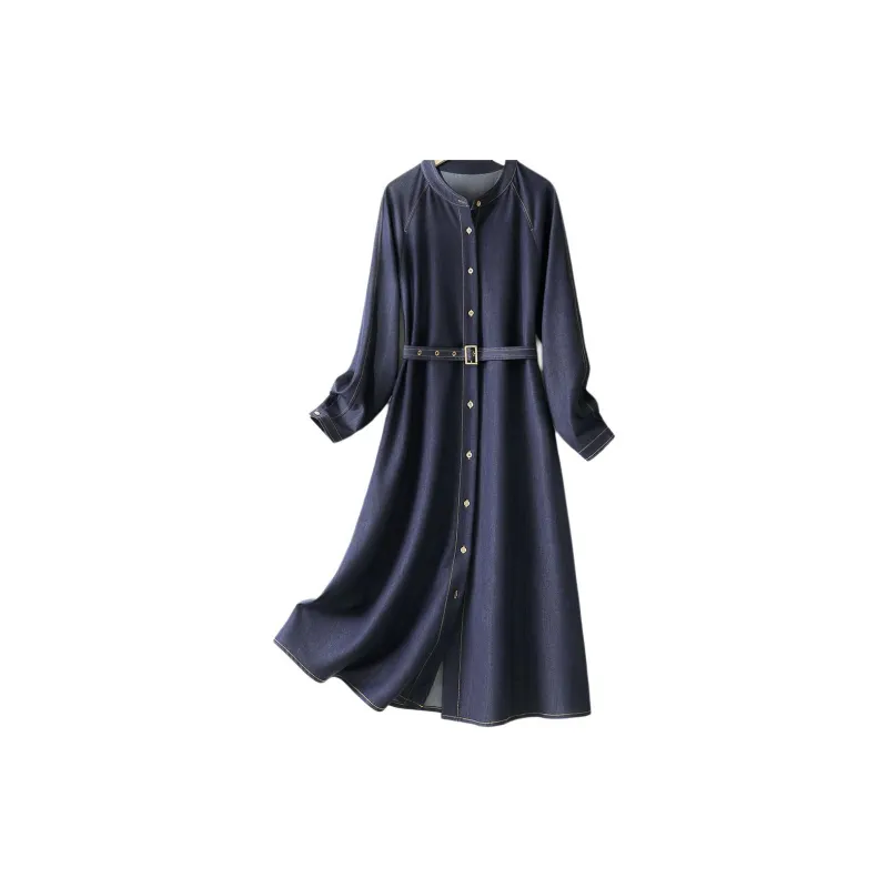 IHIMI Long Sleeved Dress Women's Dark Denim Blue-1