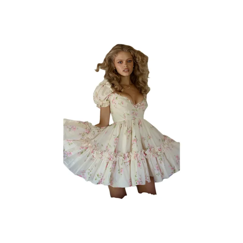 Selkie Short Sleeved Dresses Women's Milk White With Summer Petal Print-1