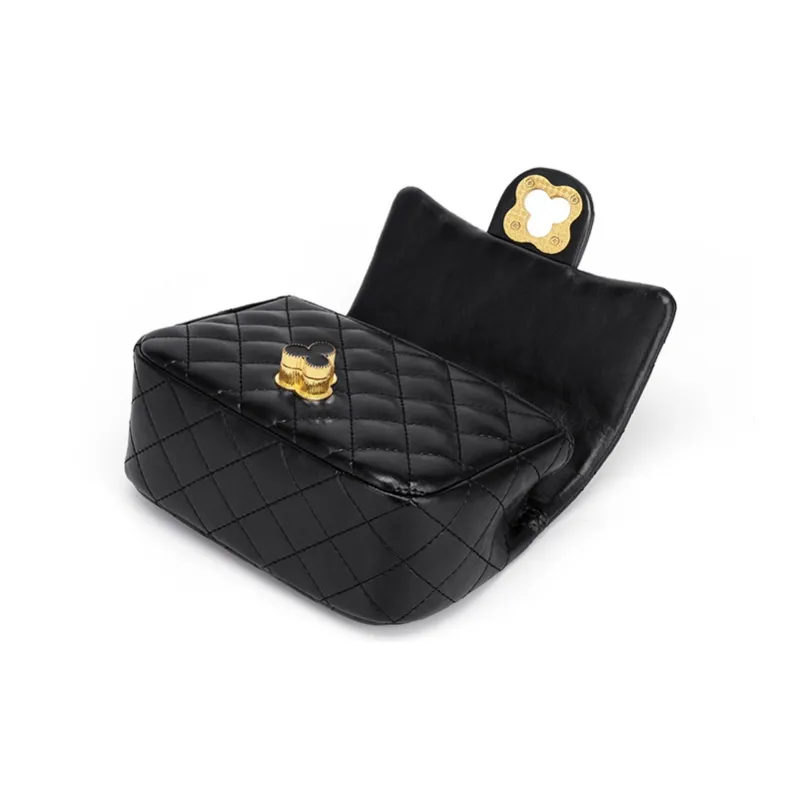 CinvaiKrose Microfiber With Cow Leather Shoulder Bag Crossbody Bag Small Size Women's Diamond Pattern Black-4