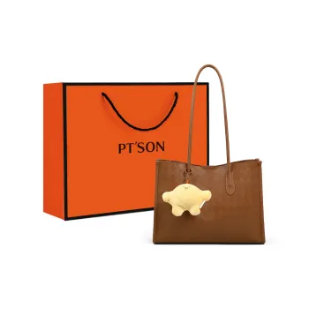 PT'SON Cow Leather Shoulder Bag Tote Bag Shopping Bag Handbag Large Size Women's Gold Brown