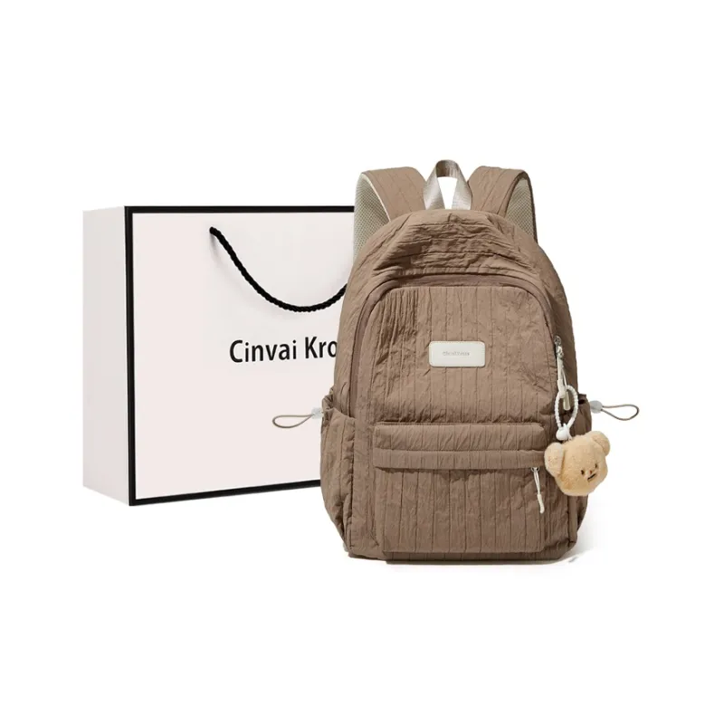CinvaiKrose Fabric With Synthetic Leather Backpack Large Size Women's Cream White/Milk Tea Beige-5