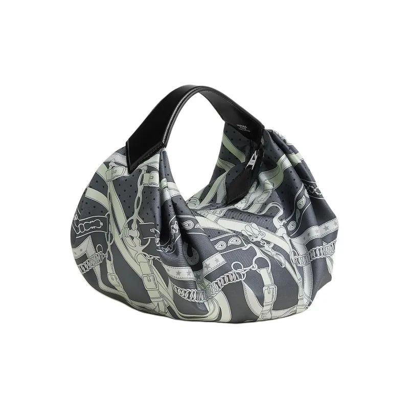 HERMES Balusoie Silk Patchwork Hunter Cow Leather Lunch Box Bag Handbag Women's Black & Misty Gray-2