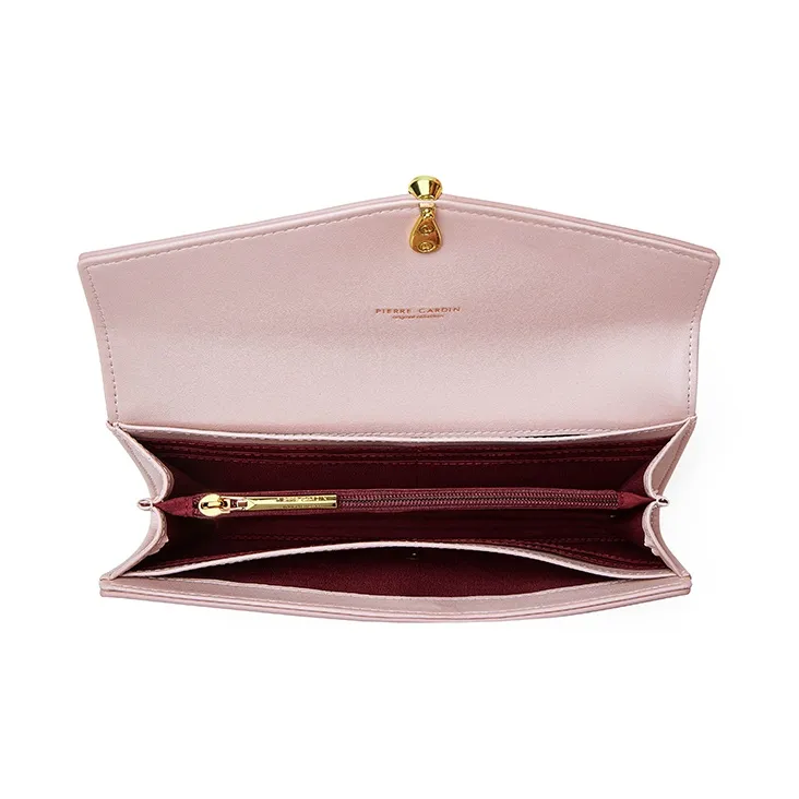 PIERRE CARDIN Cow Leather Card Holder Clutch Long Wallet Women's Ecru & Pink-3