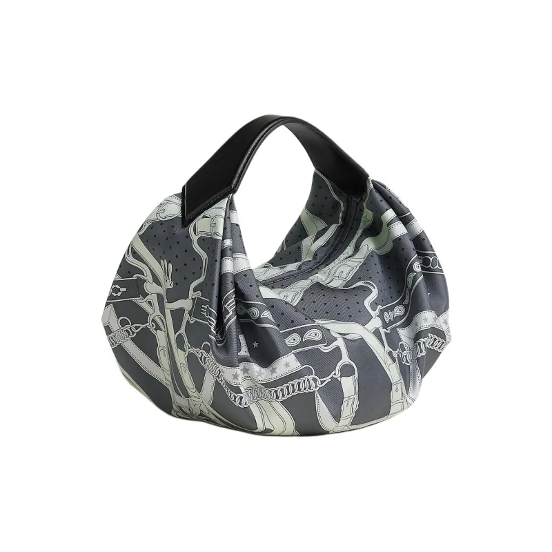 HERMES Balusoie Silk Patchwork Hunter Cow Leather Lunch Box Bag Handbag Women's Black & Misty Gray-1