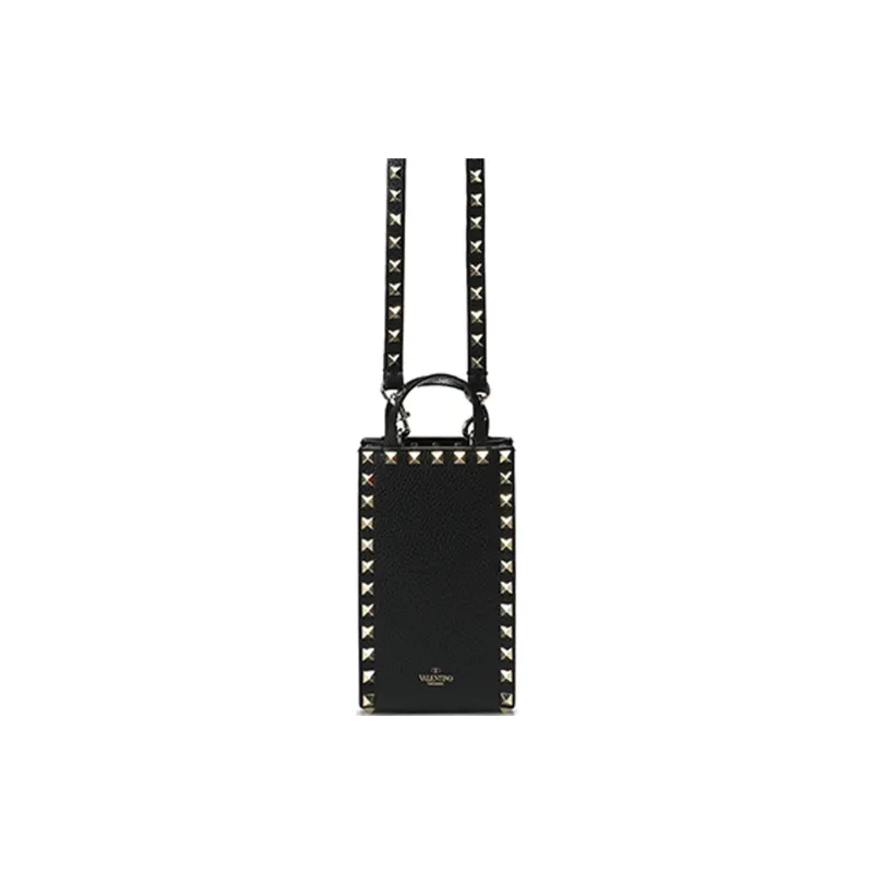 Valentino Leather Cell Phone Pouch Handbag Shoulder Bag Crossbody Bag Women's Black-0