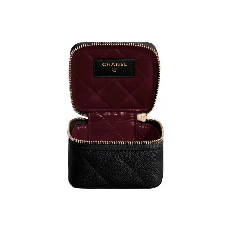 CHANEL Solid Color Grain Caviar Calfskin Coin Purse Women's Black-3