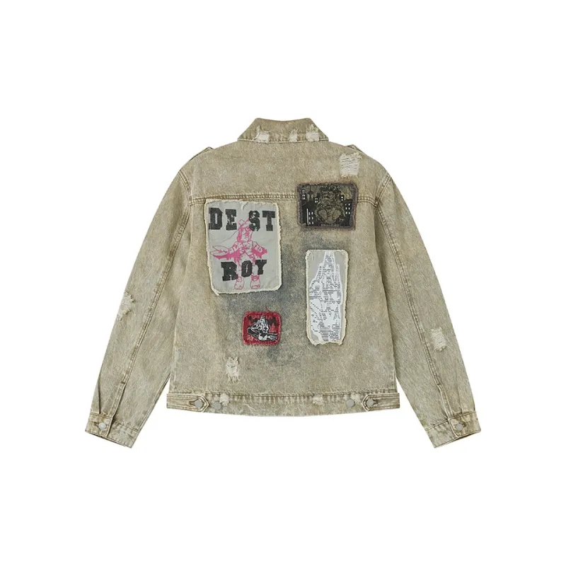 WULISHAONIAN Distressed Washable Print Jacket Unisex Grass Green-1