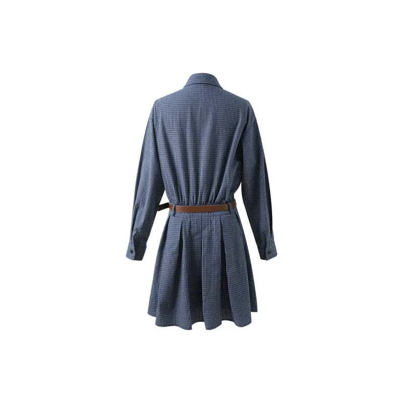3COLOUR Long Sleeved Dress Women's Navy Blue Plaid-1