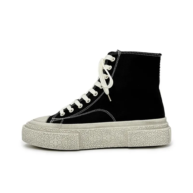 SLnU★3 Anti-Slip And Wear-Resistant Height Increasing High-Top Canvas Shoes Unisex Polished Black-0