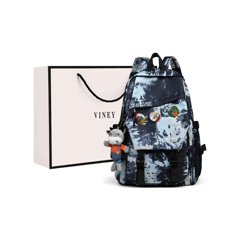 VINEY Fabric Backpack Large Size Unisex Black With Blue/blue-0