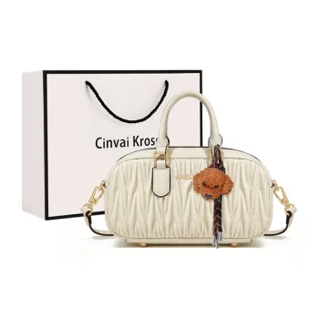 CinvaiKrose Synthetic Leather Shoulder Bag, Crossbody Bag, Portable Bowling Bag Large Size Women's Ecru/Black