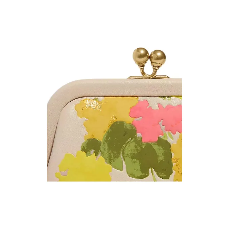 COACH Kisslock Leather Coin Purse Women's Beige-4