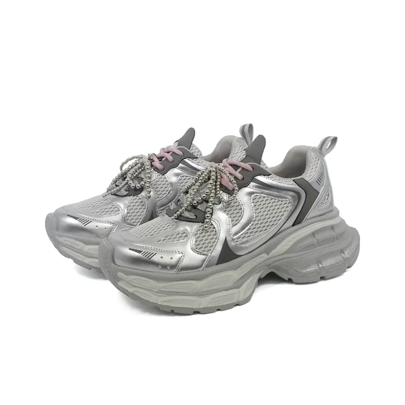 Chibang Lightweight Low Top Chunky Sneakers Women's Silver-1
