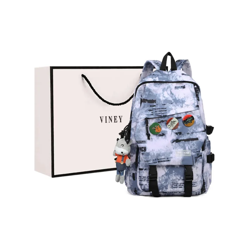 VINEY Fabric Backpack Large Size Unisex Black With Blue/blue-5