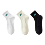 [3 Pack/100% cotton Embroidery Ankle Socks]White+Milk White+Black