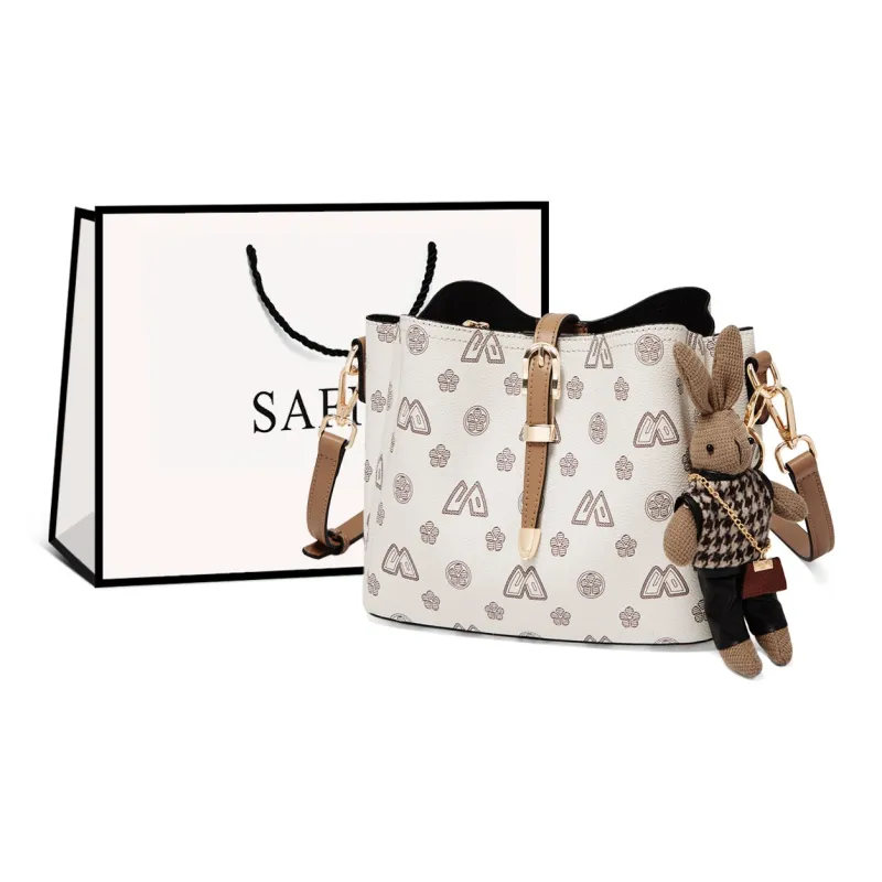 Safiya PVC Bucket Bag Tote Bag Crossbody Bag Shoulder Bag Medium Size Women's Coffee/White-4