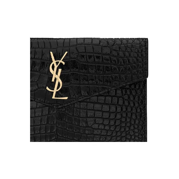 SAINT LAURENT UPTOWN Crocodile Pattern Embossed Leather Envelope Clutch Small Size Women's Black-5