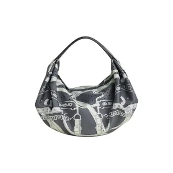 HERMES Balusoie Silk Patchwork Hunter Cow Leather Lunch Box Bag Handbag Women's Black & Misty Gray