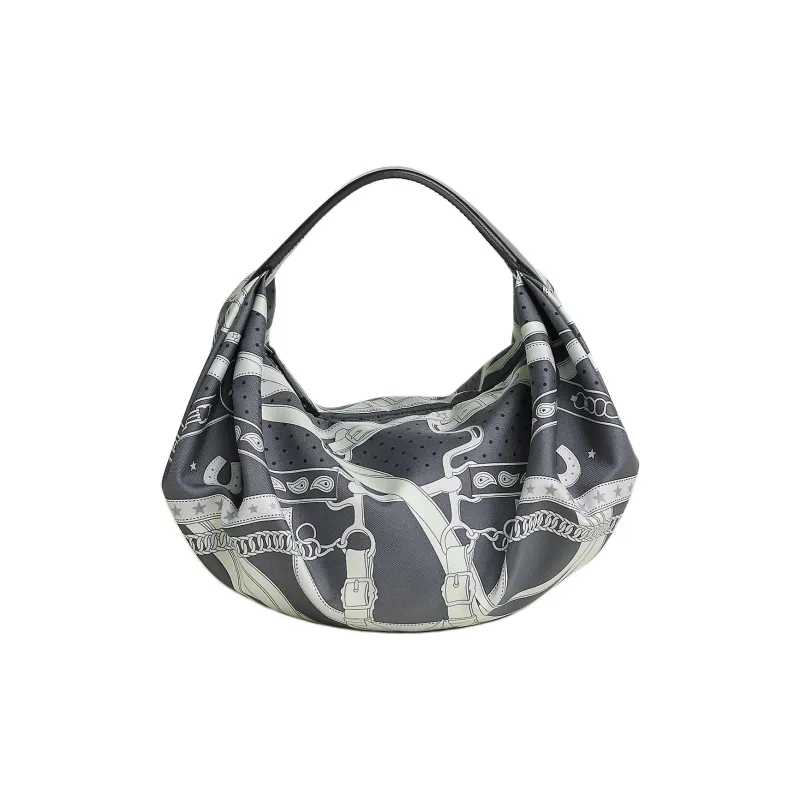 HERMES Balusoie Silk Patchwork Hunter Cow Leather Lunch Box Bag Handbag Women's Black & Misty Gray-0