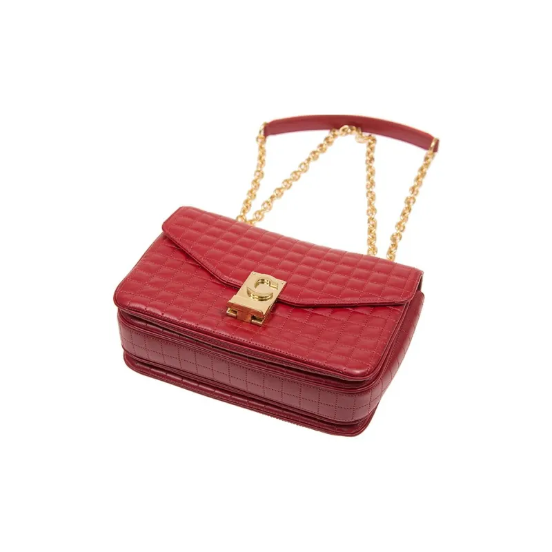 CELINE Cow Leather Shoulder Bag Medium Size Women's Red-3