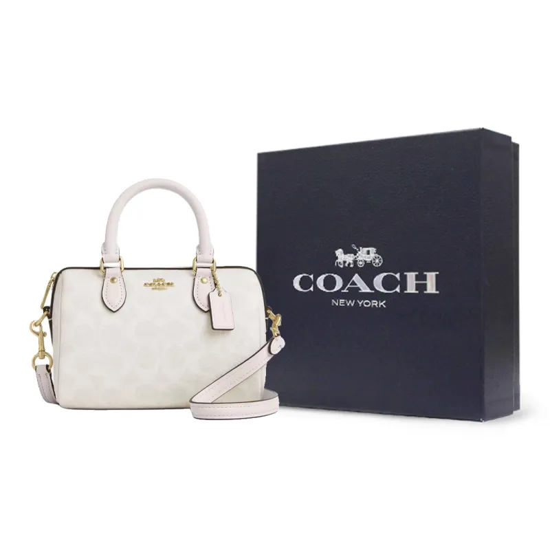 COACH Rowan Coated Canvas One Shoulder Handbags Small Size Women's Gold & White-6