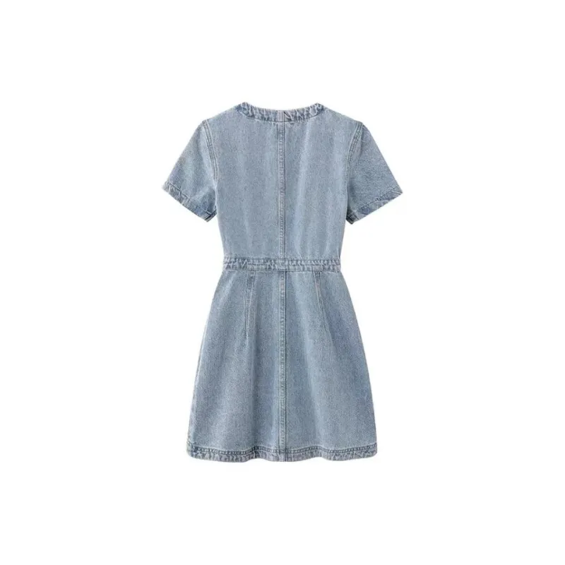 Lookinto Short Sleeved Dresses Women's Denim Blue-1