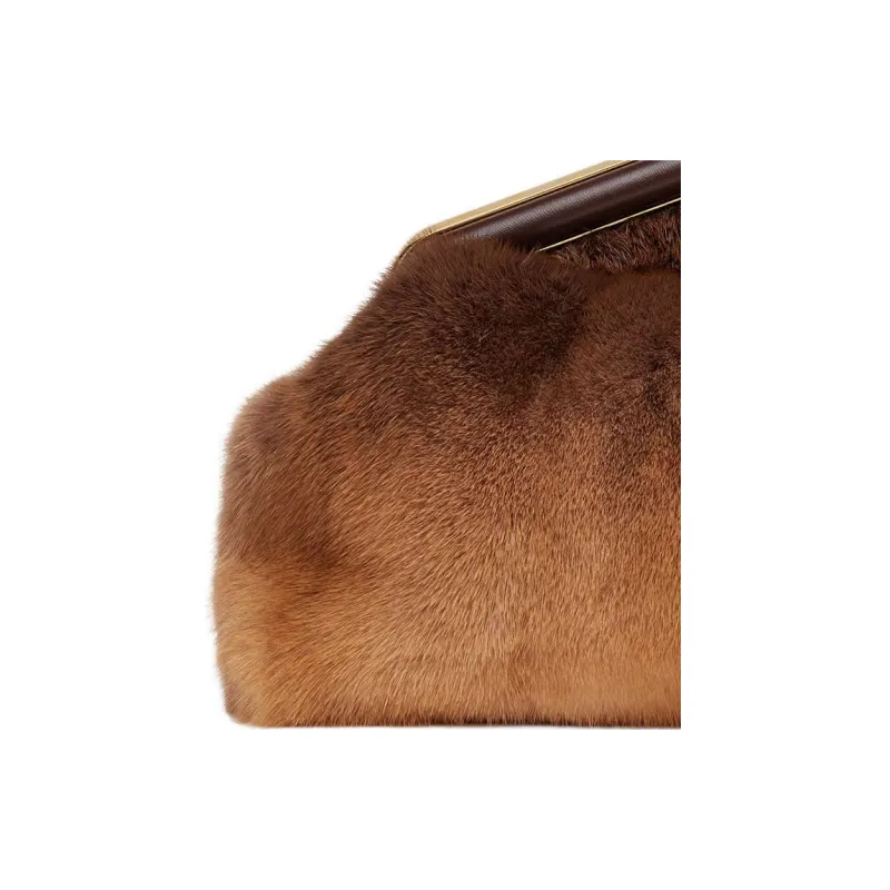 FENDI Fendi First Mink Fur Blended With Lambskin One Shoulder Crossbody Clutches Medium Size Women's Brown-4