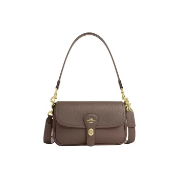 COACH Hadley Litchi Grain Leather Shoulder Bag Medium Size Women's Gold With Dark Color Gemstone