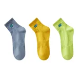 [3 Pack/100% cotton Embroidery Ankle Socks]Blue+Yellow+Green