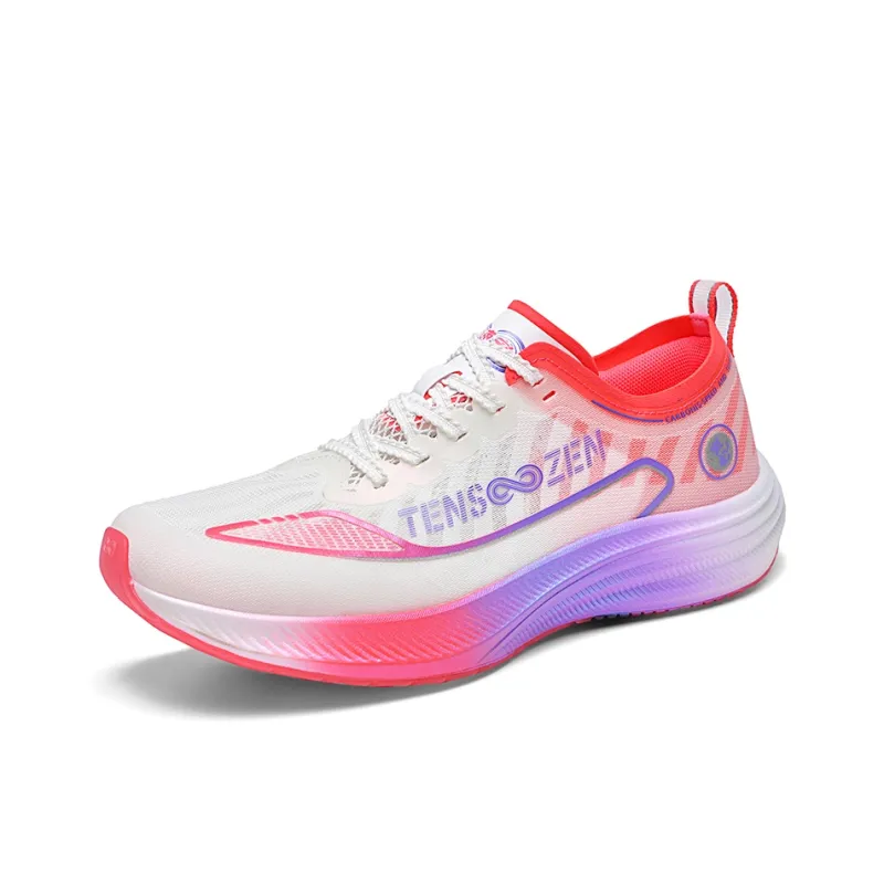 TENSOOZEN Cushioned Slip Resistant Breathable Low Top Carbon Plate Sprint Running Shoes Unisex White Rose Red-1