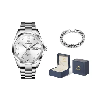 Jin Shi Dun Men's Watch Box Mechanical Movement Stainless Steel Watchband Watch Men's Watches White Dial