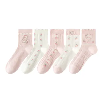 Caramella Mid Calf Socks Women's 5 Pack Pink Cherry Bear