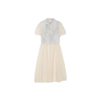 Mo Han Yi Mei SS24 Short Sleeved Dress Women's Blue With Light Beige